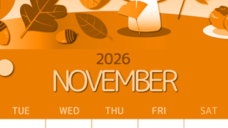 2026年11月縦型月曜始まり きのこイラストのかわいいA4無料オレンジのカレンダー(2026-01051111)