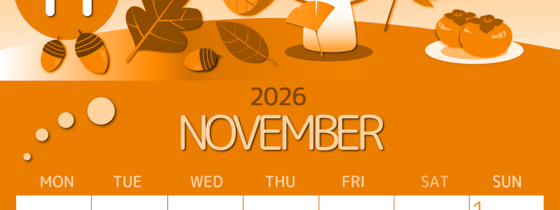 2026年11月縦型月曜始まり きのこイラストのかわいいA4無料オレンジのカレンダー(2026-01051111)