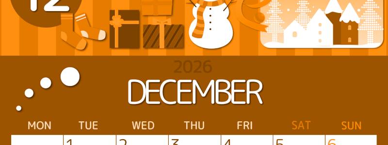 2026年12月縦型月曜始まり 雪だるまイラストのかわいいA4無料オレンジのカレンダー(2026-01051211)