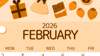 2026年2月縦型日曜始まり プレゼントがかわいいイラストA4無料オレンジのカレンダー(2026-01050210)