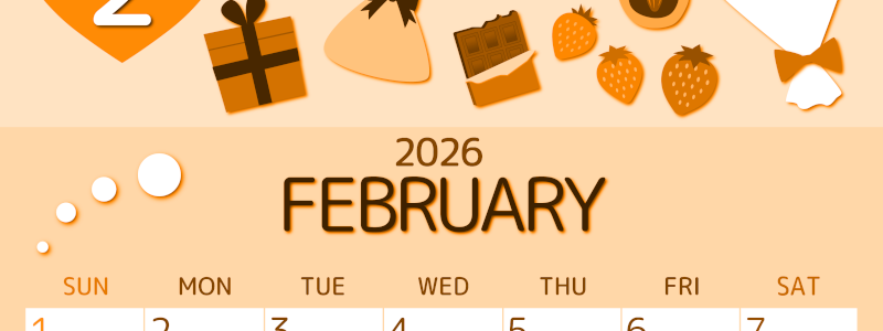 2026年2月縦型日曜始まり プレゼントがかわいいイラストA4無料オレンジのカレンダー(2026-01050210)