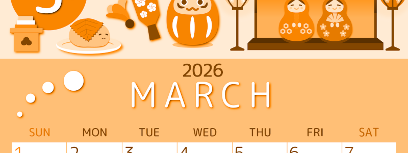 2026年3月縦型日曜始まり 桜花弁イラストのかわいいA4無料オレンジのカレンダー(2026-01050310)