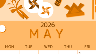 2026年5月縦型日曜始まり イベントイラストのかわいいA4無料オレンジのカレンダー(2026-01050510)