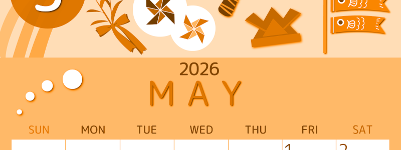 2026年5月縦型日曜始まり イベントイラストのかわいいA4無料オレンジのカレンダー(2026-01050510)