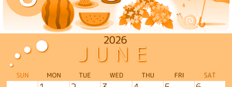 2026年6月縦型日曜始まり すいかイラストのかわいいA4無料オレンジのカレンダー(2026-01050610)