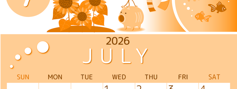 2026年7月縦型日曜始まり 蚊取り線香イラストのかわいいA4無料オレンジのカレンダー(2026-01050710)