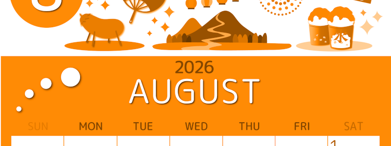 2026年8月縦型日曜始まり 夏祭りイラストのかわいいA4無料オレンジのカレンダー(2026-01050810)