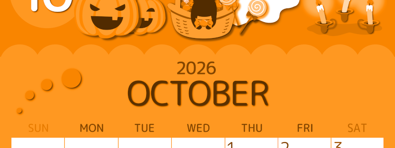 2026年10月縦型日曜始まり 行事イラストのかわいいA4無料オレンジのカレンダー(2026-01051010)