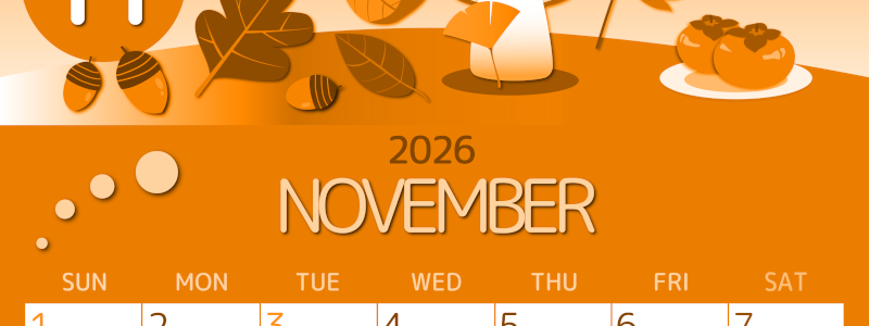 2026年11月縦型日曜始まり きのこイラストのかわいいA4無料オレンジのカレンダー(2026-01051110)