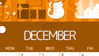 2026年12月縦型日曜始まり 雪だるまイラストのかわいいA4無料オレンジのカレンダー(2026-01051210)