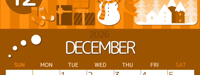 2026年12月縦型日曜始まり 雪だるまイラストのかわいいA4無料オレンジのカレンダー(2026-01051210)