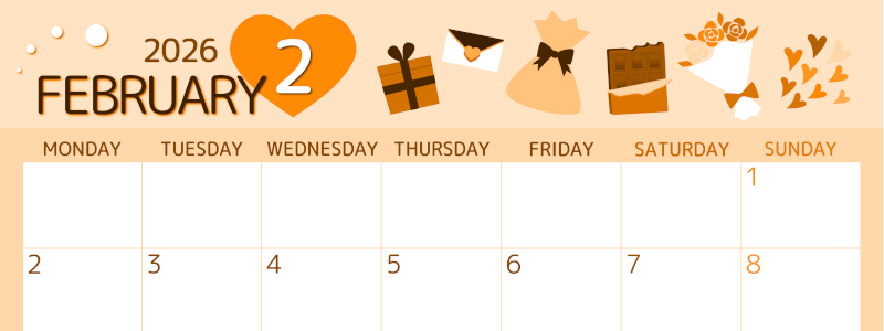 2026年2月横型月曜始まり プレゼントがかわいいイラストA4無料オレンジのカレンダー(2026-01050201)