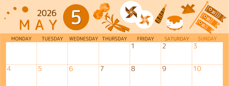 2026年5月横型月曜始まり イベントイラストのかわいいA4無料オレンジのカレンダー(2026-01050501)