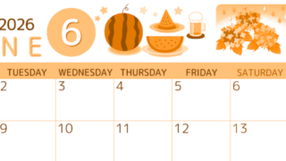 2026年6月横型月曜始まり すいかイラストのかわいいA4無料オレンジのカレンダー(2026-01050601)