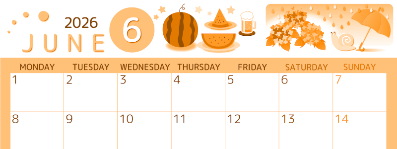 2026年6月横型月曜始まり すいかイラストのかわいいA4無料オレンジのカレンダー(2026-01050601)
