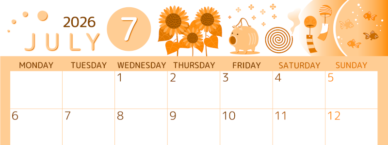 2026年7月横型月曜始まり 蚊取り線香イラストのかわいいA4無料オレンジのカレンダー(2026-01050701)