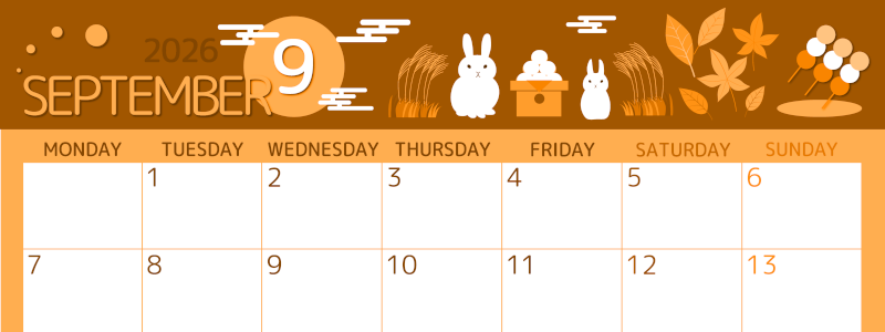 2026年9月横型月曜始まり 十五夜イラストのかわいいA4無料オレンジのカレンダー(2026-01050901)