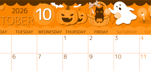 2026年10月横型月曜始まり 行事イラストのかわいいA4無料オレンジのカレンダー(2026-01051001)