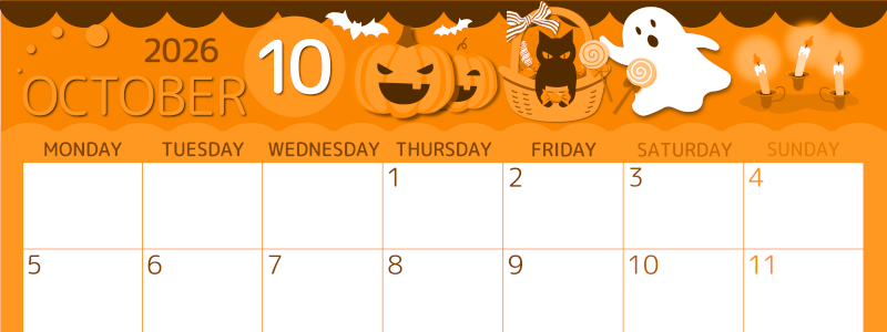 2026年10月横型月曜始まり 行事イラストのかわいいA4無料オレンジのカレンダー(2026-01051001)