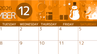 2026年12月横型月曜始まり 雪だるまイラストのかわいいA4無料オレンジのカレンダー(2026-01051201)