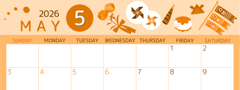 2026年5月横型日曜始まり イベントイラストのかわいいA4無料オレンジのカレンダー(2026-01050500)