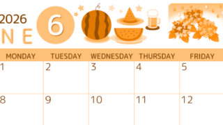 2026年6月横型日曜始まり すいかイラストのかわいいA4無料オレンジのカレンダー(2026-01050600)