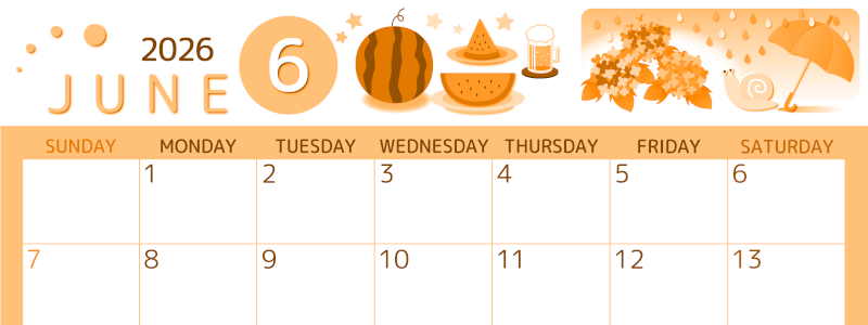 2026年6月横型日曜始まり すいかイラストのかわいいA4無料オレンジのカレンダー(2026-01050600)