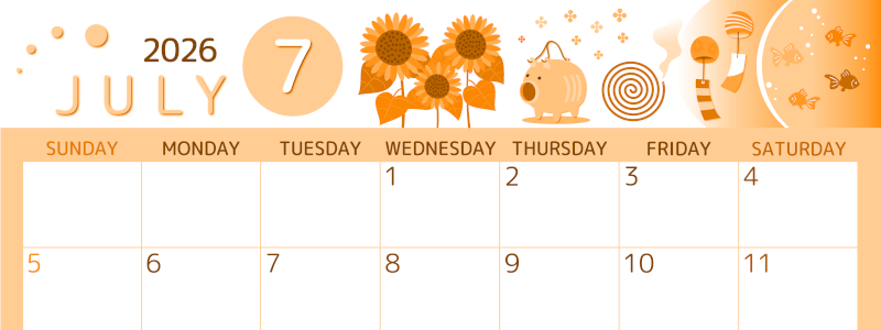 2026年7月横型日曜始まり 蚊取り線香イラストのかわいいA4無料オレンジのカレンダー(2026-01050700)