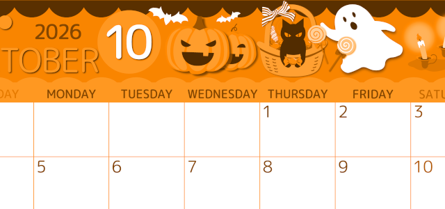 2026年10月横型日曜始まり 行事イラストのかわいいA4無料オレンジのカレンダー(2026-01051000)