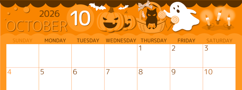 2026年10月横型日曜始まり 行事イラストのかわいいA4無料オレンジのカレンダー(2026-01051000)