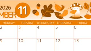 2026年11月横型日曜始まり きのこイラストのかわいいA4無料オレンジのカレンダー(2026-01051100)