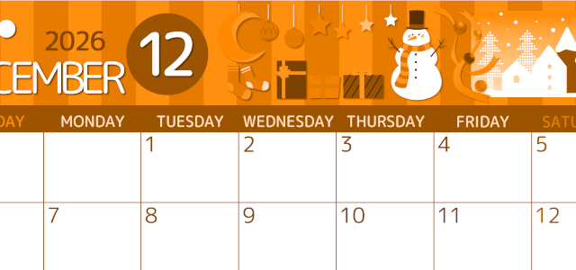 2026年12月横型日曜始まり 雪だるまイラストのかわいいA4無料オレンジのカレンダー(2026-01051200)