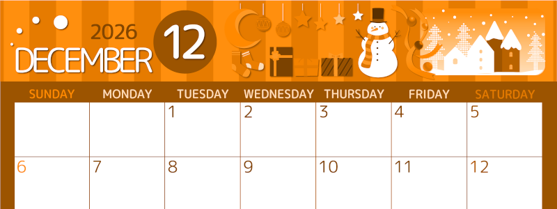 2026年12月横型日曜始まり 雪だるまイラストのかわいいA4無料オレンジのカレンダー(2026-01051200)