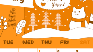 2026年1月縦型月曜始まり ポップな雪イラストのかわいいA4無料オレンジのカレンダー(2026-01060111)