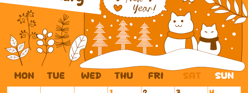 2026年1月縦型月曜始まり ポップな雪イラストのかわいいA4無料オレンジのカレンダー(2026-01060111)
