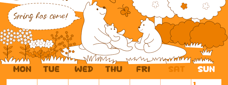 2026年3月縦型月曜始まり ポップかわいい白熊イラストのA4無料オレンジのカレンダー(2026-01060311)