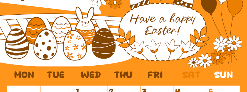 2026年4月縦型月曜始まり イースターエッグイラストのかわいいA4無料オレンジのカレンダー(2026-01060411)
