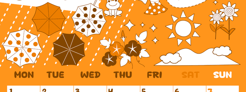 2026年6月縦型月曜始まり 季節イラストのかわいいA4無料オレンジのカレンダー(2026-01060611)