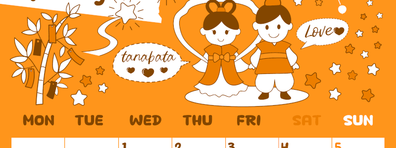 2026年7月縦型月曜始まり ポップなイラストがかわいいA4無料オレンジのカレンダー(2026-01060711)