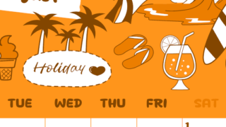 2026年8月縦型月曜始まり 海岸イラストのかわいいA4無料オレンジのカレンダー(2026-01060811)