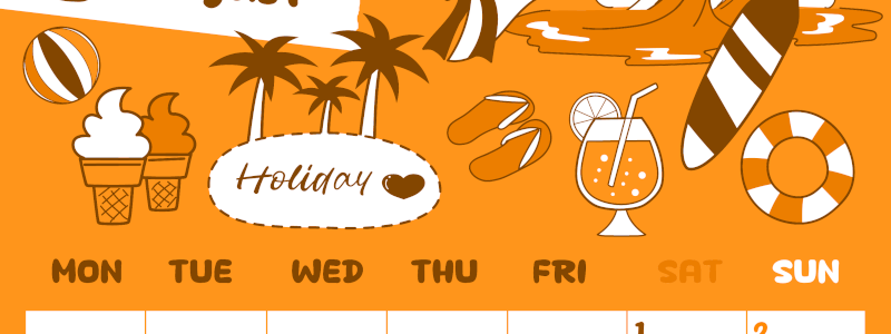 2026年8月縦型月曜始まり 海岸イラストのかわいいA4無料オレンジのカレンダー(2026-01060811)