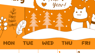 2026年1月縦型日曜始まり ポップな猫イラストのかわいいA4無料オレンジのカレンダー(2026-01060110)