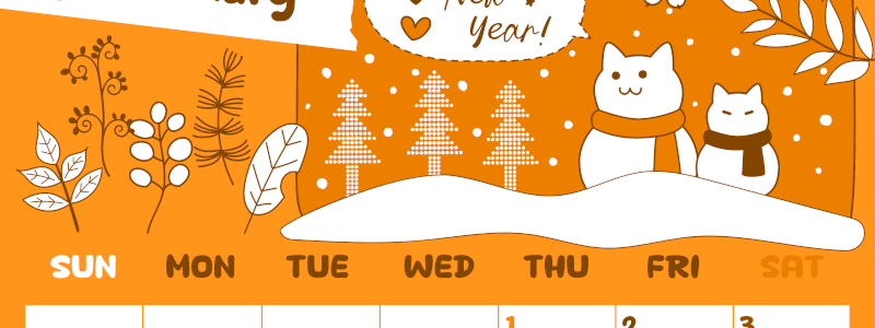 2026年1月縦型日曜始まり ポップな猫イラストのかわいいA4無料オレンジのカレンダー(2026-01060110)