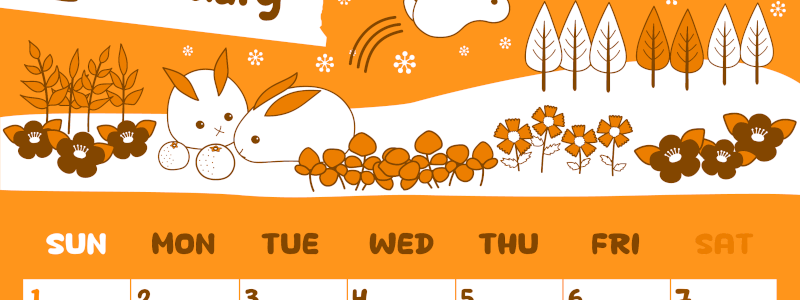 2026年2月縦型日曜始まり ポップかわいいイラストA4無料オレンジのカレンダー(2026-01060210)
