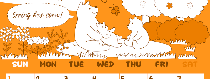 2026年3月縦型日曜始まり ポップかわいい白熊イラストのA4無料オレンジのカレンダー(2026-01060310)