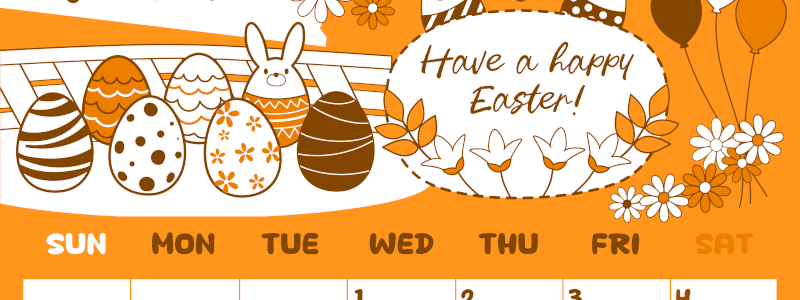 2026年4月縦型日曜始まり イースターエッグイラストのかわいいA4無料オレンジのカレンダー(2026-01060410)