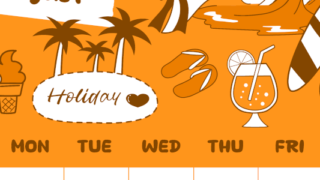 2026年8月縦型日曜始まり 海岸イラストのかわいいA4無料オレンジのカレンダー(2026-01060810)