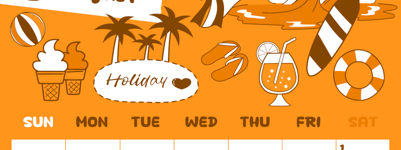 2026年8月縦型日曜始まり 海岸イラストのかわいいA4無料オレンジのカレンダー(2026-01060810)