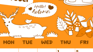 2026年10月縦型日曜始まり 鹿のイラストがかわいいA4無料オレンジのカレンダー(2026-01061010)