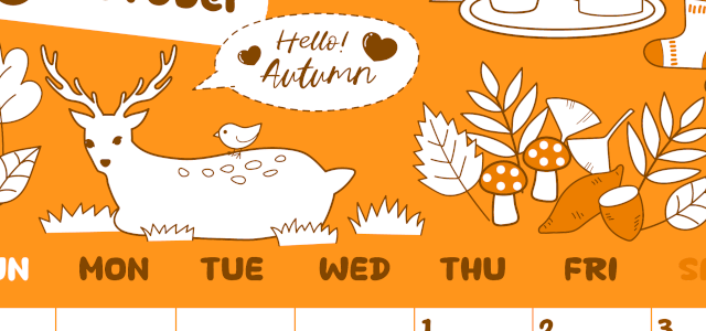 2026年10月縦型日曜始まり 鹿のイラストがかわいいA4無料オレンジのカレンダー(2026-01061010)